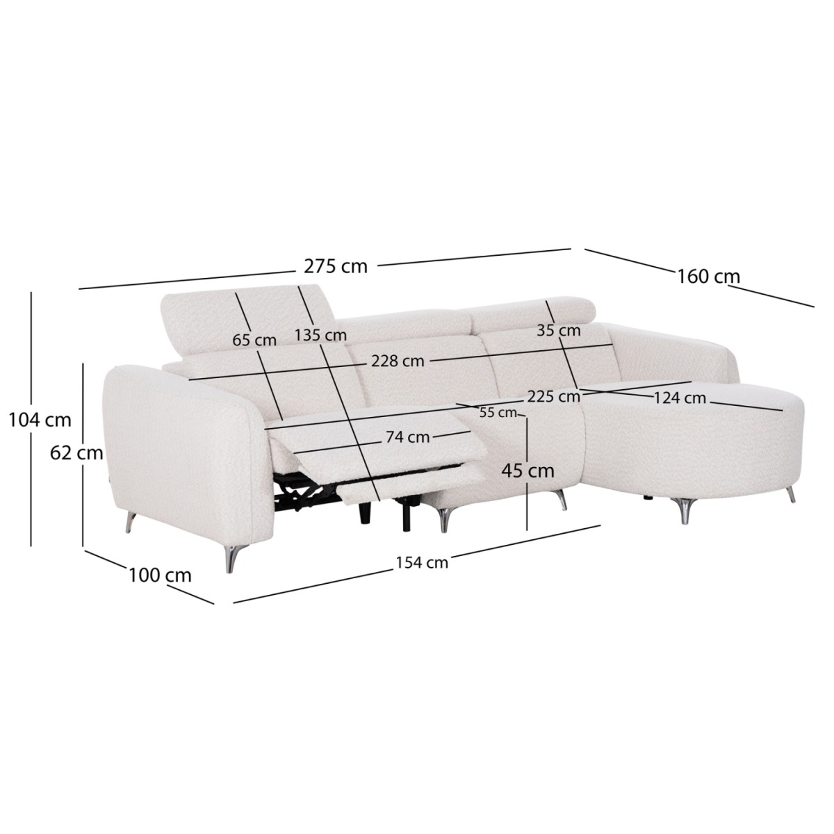 ΚΑΝΑΠΕΣ ΔΕΞΙΑ ΓΩΝΙΑ 3Θ ΜΕ RECLINE VALENTE HM3317.02R ΜΠΕΖ ΥΦΑΣΜΑ 275x160x104Yεκ