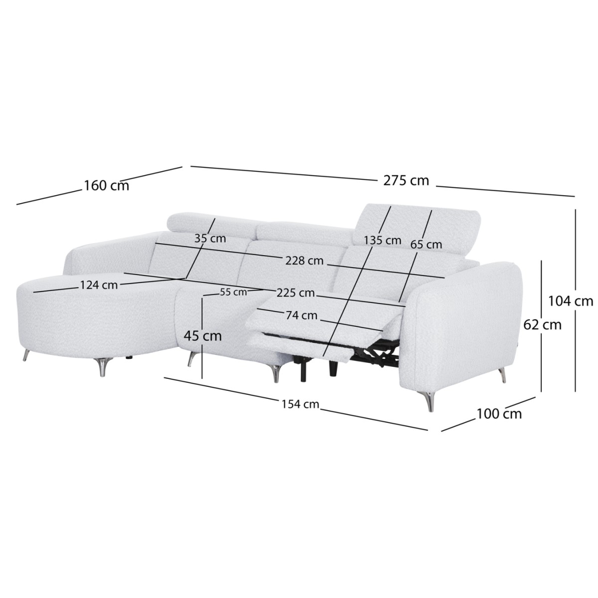 ΚΑΝΑΠΕΣ ΑΡΙΣΤΕΡΗ ΓΩΝΙΑ 3Θ ΜΕ RECLINE VALENTE HM3317.01L ΑΝΟΙΧΤΟ ΓΚΡΙ ΥΦΑΣΜΑ 275x160x104Yεκ