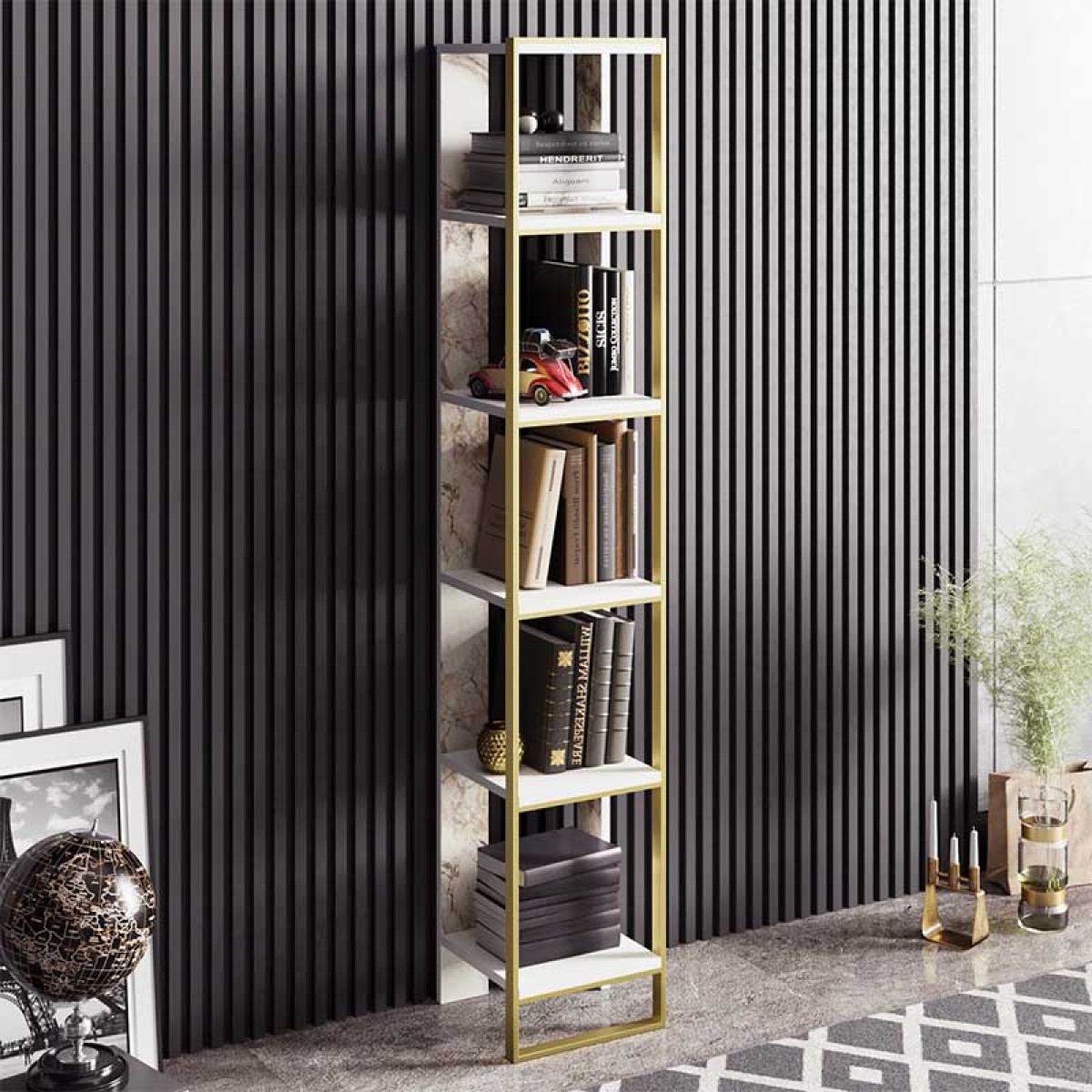 Βιβλιοθήκη Marble pakoworld χρώμα λευκό μαρμάρου-χρυσό 32x31,5x178,5εκ Βιβλιοθήκη Marble pakoworld χρώμα λευκό μαρμάρου-χρυσό 32x31,5x178,5εκ