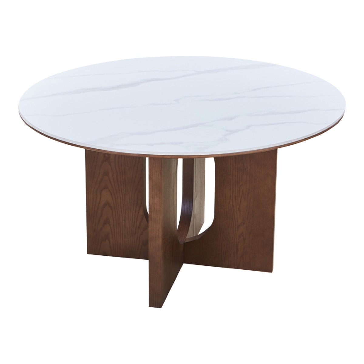 Τραπέζι Merge pakoworld sintered stone-mdf σε λευκό μαρμάρου με καρυδί βάση Φ130x75εκ