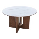 Τραπέζι Merge pakoworld sintered stone-mdf σε λευκό μαρμάρου με καρυδί βάση Φ130x75εκ