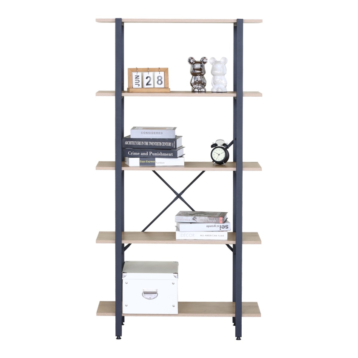 Βιβλιοθήκη Nebranzo pakoworld oak με μαύρο μέταλλο 80x34x155.3εκ