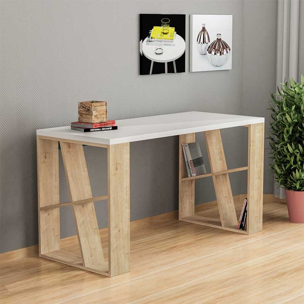 Γραφείο Honey pakoworld χρώμα λευκό - light oak 140x60x75εκ