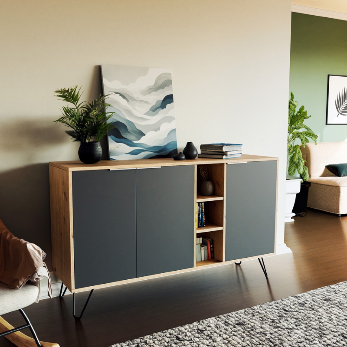 Μπουφές Clara pakoworld χρώμα light oak-ανθρακί 142x35.5x83εκ Μπουφές Clara pakoworld χρώμα light oak-ανθρακί 142x35.5x83εκ
