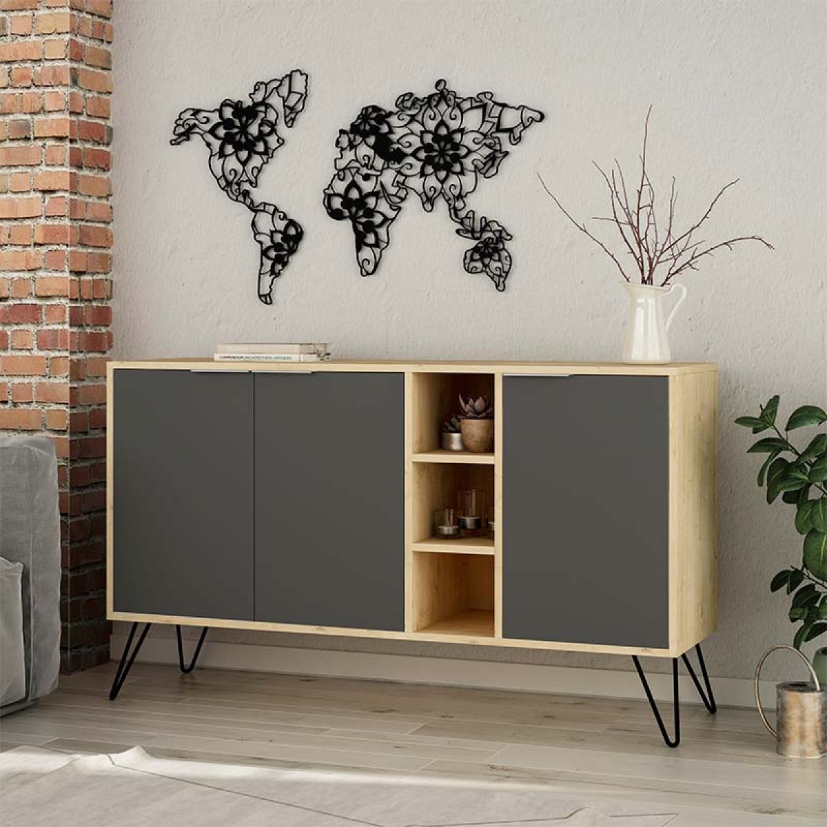 Μπουφές Clara pakoworld χρώμα light oak-ανθρακί 142x35.5x83εκ Μπουφές Clara pakoworld χρώμα light oak-ανθρακί 142x35.5x83εκ