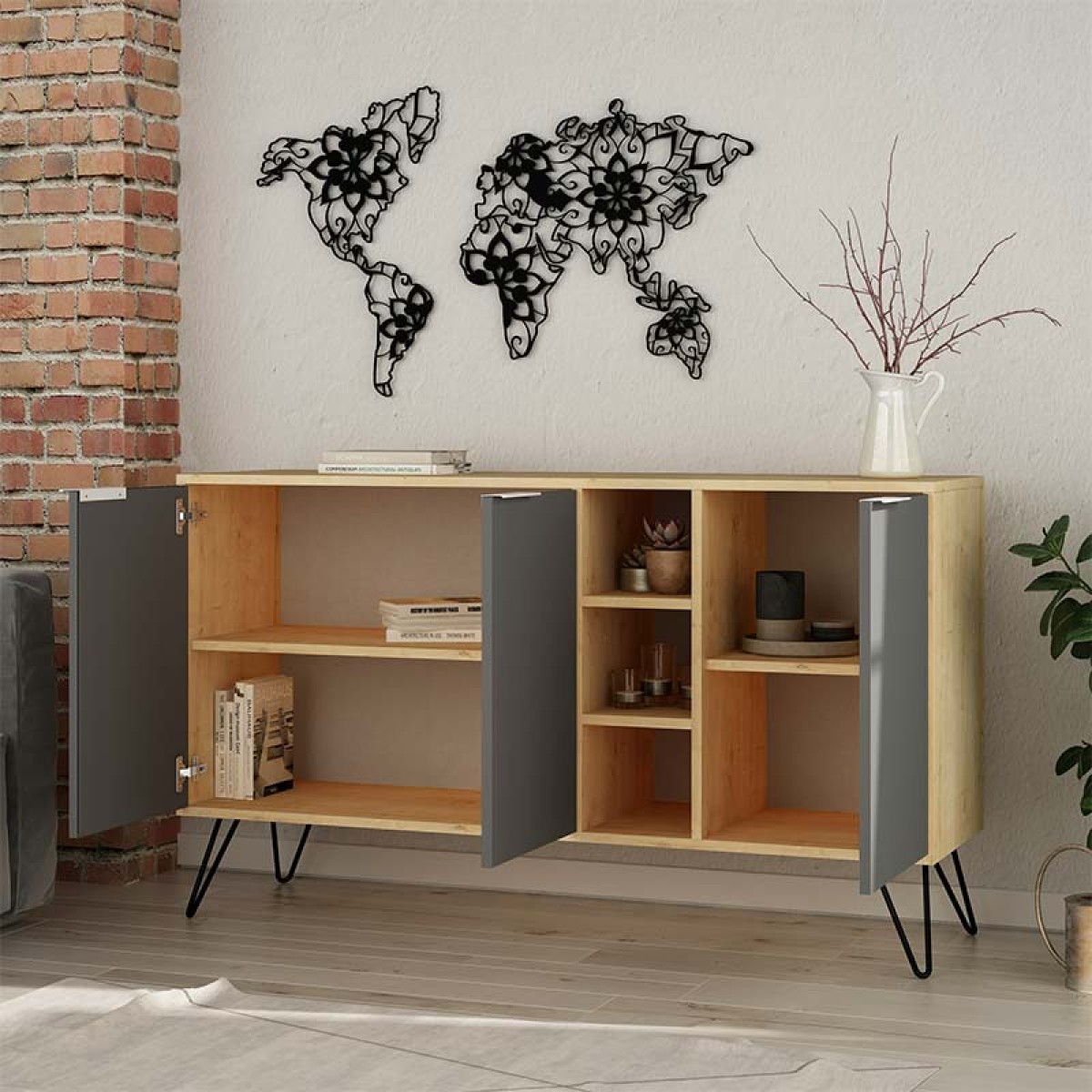 Μπουφές Clara pakoworld χρώμα light oak-ανθρακί 142x35.5x83εκ Μπουφές Clara pakoworld χρώμα light oak-ανθρακί 142x35.5x83εκ