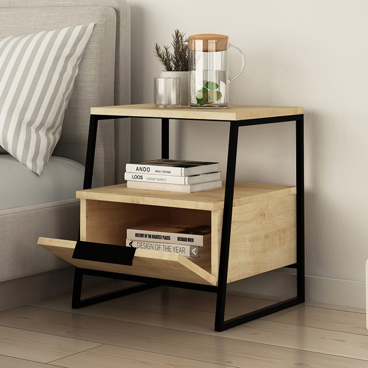Κομοδίνο Johana pakoworld μαύρο-oak 45x40x50εκ Κομοδίνο Johana pakoworld μαύρο-oak 45x40x50εκ