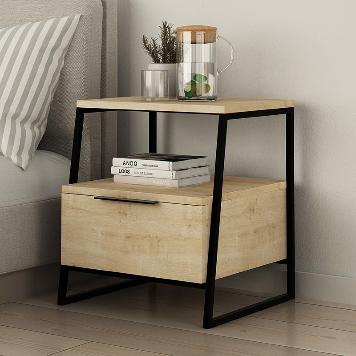 Κομοδίνο Johana pakoworld μαύρο-oak 45x40x50εκ Κομοδίνο Johana pakoworld μαύρο-oak 45x40x50εκ