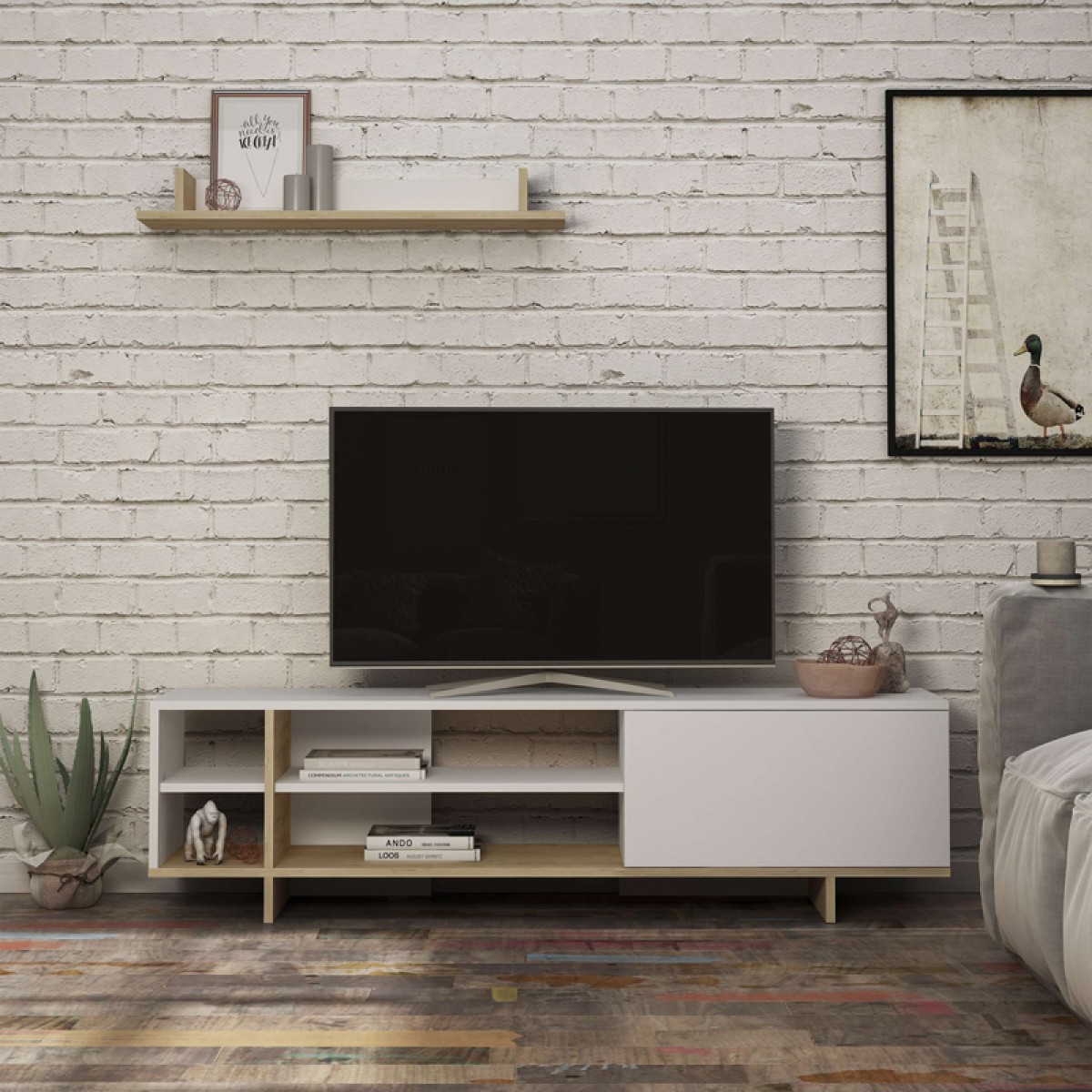 Σύνθετο σαλονιού Saloon pakoworld σε λευκή-oak απόχρωση 160x35.5x44εκ Σύνθετο σαλονιού Saloon pakoworld σε λευκή-oak απόχρωση 160x35.5x44εκ