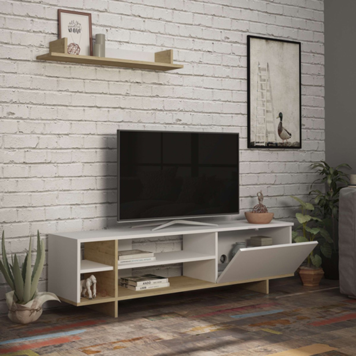 Σύνθετο σαλονιού Saloon pakoworld σε λευκή-oak απόχρωση 160x35.5x44εκ Σύνθετο σαλονιού Saloon pakoworld σε λευκή-oak απόχρωση 160x35.5x44εκ
