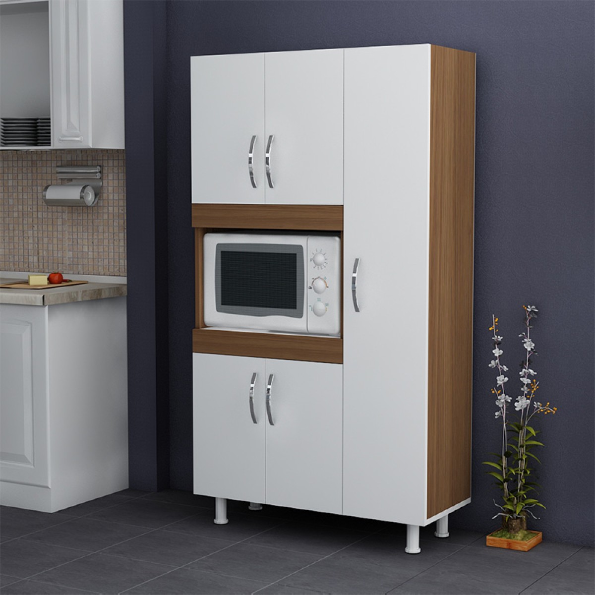 Ντουλάπα κουζίνας Defne pakoworld χρώμα λευκό-καρυδί 89x37.5x160εκ Ντουλάπα κουζίνας Defne pakoworld χρώμα λευκό-καρυδί 89x37.5x160εκ