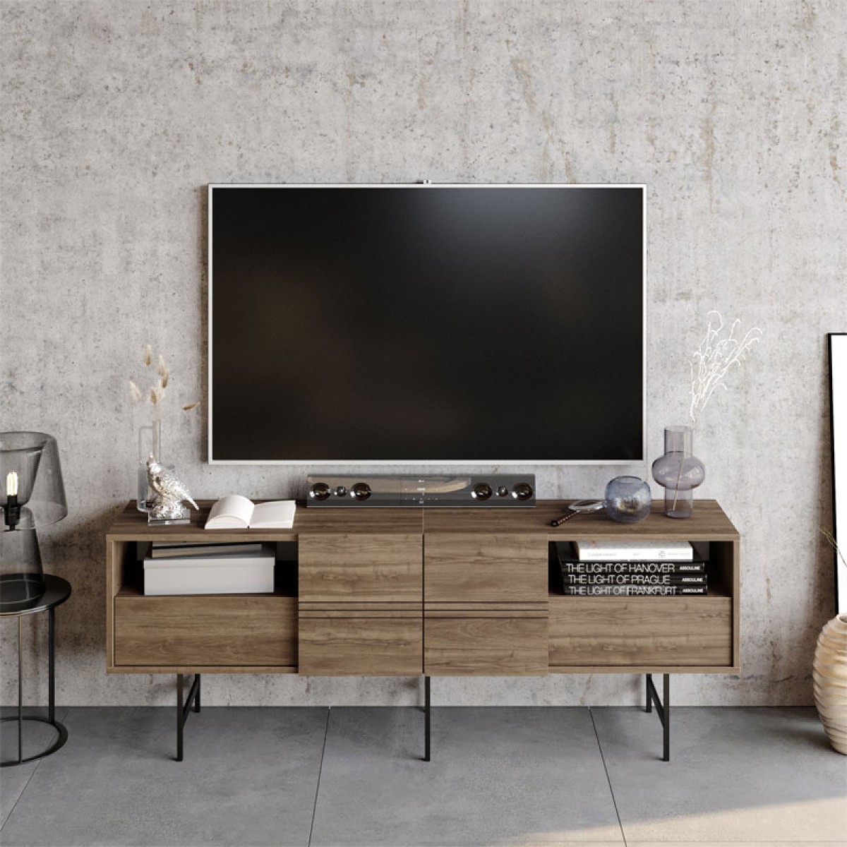 Έπιπλο τηλεόρασης Kevan pakoworld καρυδί-μαύρο πόδι 180x35x65εκ Έπιπλο τηλεόρασης Kevan pakoworld καρυδί-μαύρο πόδι 180x35x65εκ