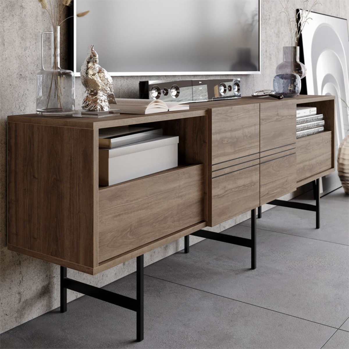 Έπιπλο τηλεόρασης Kevan pakoworld καρυδί-μαύρο πόδι 180x35x65εκ Έπιπλο τηλεόρασης Kevan pakoworld καρυδί-μαύρο πόδι 180x35x65εκ
