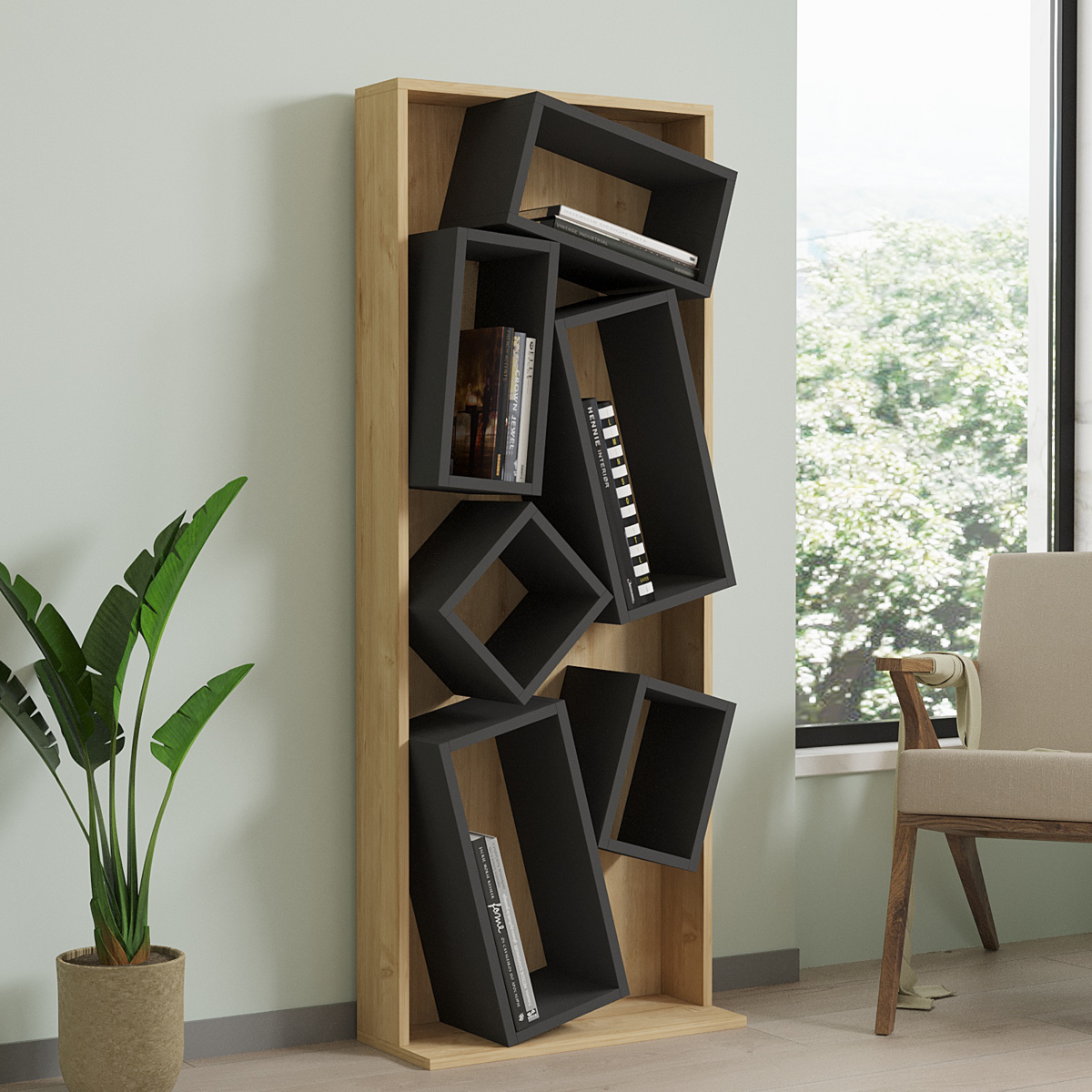 Βιβλιοθήκη Jamey pakoworld φυσικό-ανθρακί 60x24x153,6εκ Βιβλιοθήκη Jamey pakoworld φυσικό-ανθρακί 60x24x153,6εκ