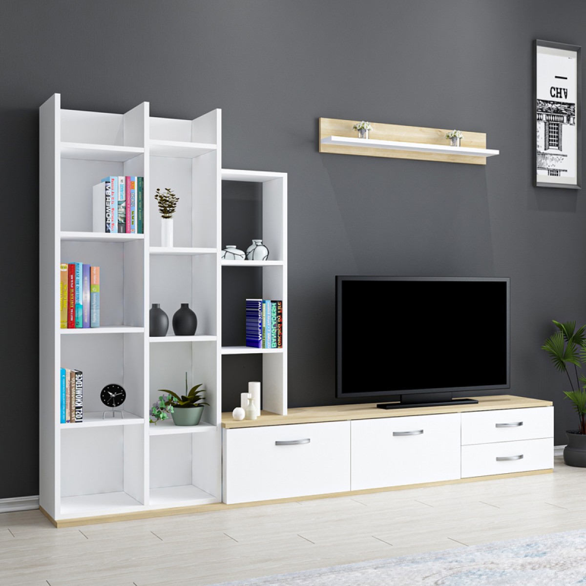 Σύνθετο σαλονιού Leman pakoworld σε λευκή-oak απόχρωση 240x35x154εκ Σύνθετο σαλονιού Leman pakoworld σε λευκή-oak απόχρωση 240x35x154εκ
