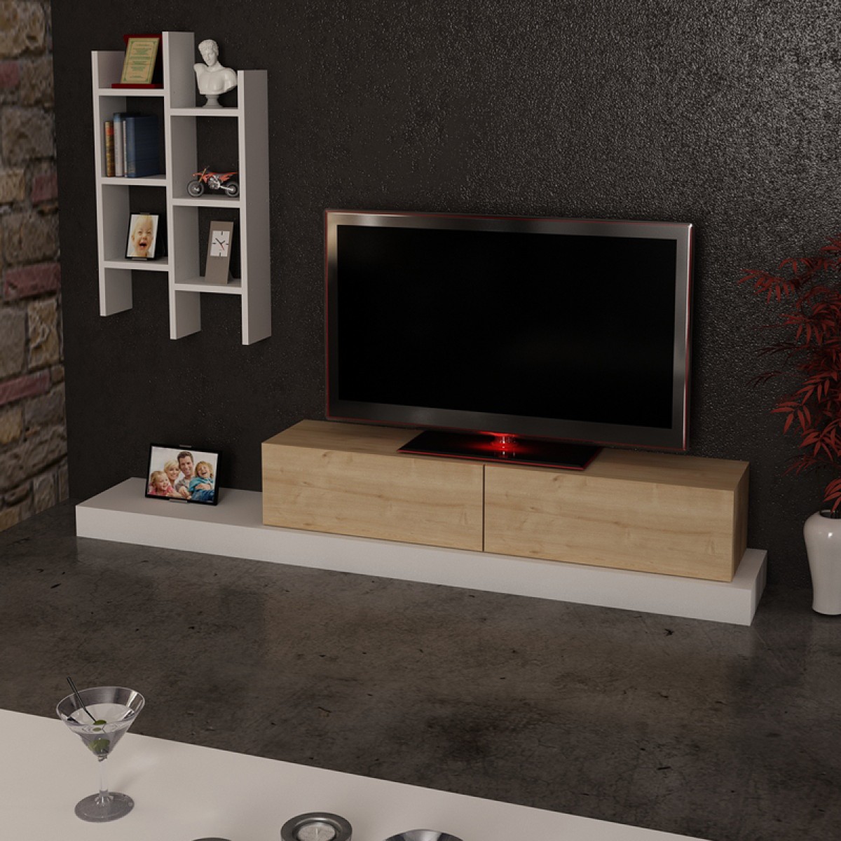 Έπιπλο τηλεόρασης Rumba pakoworld σε λευκή-oak απόχρωση 180x30x31εκ Έπιπλο τηλεόρασης Rumba pakoworld σε λευκή-oak απόχρωση 180x30x31εκ