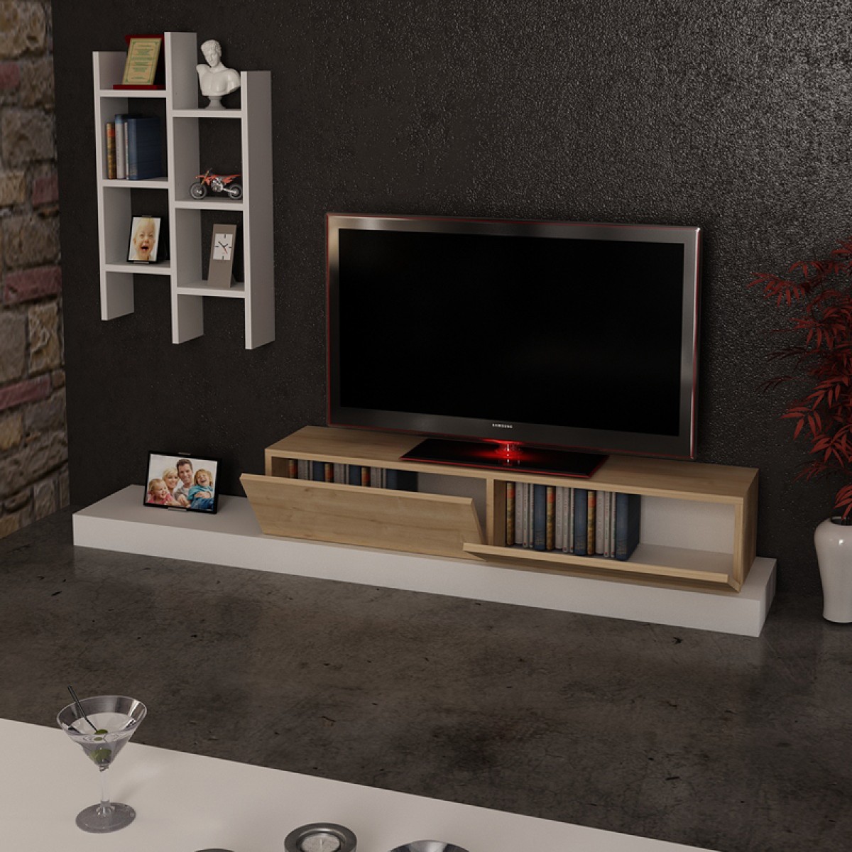Έπιπλο τηλεόρασης Rumba pakoworld σε λευκή-oak απόχρωση 180x30x31εκ Έπιπλο τηλεόρασης Rumba pakoworld σε λευκή-oak απόχρωση 180x30x31εκ