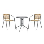 Tραπεζαρία Watson-Lindaria pakoworld σετ 3τεμ μέταλλο ανθρακί-γυαλί- pe rattan σε φυσική απόχρωση Φ60x70εκ