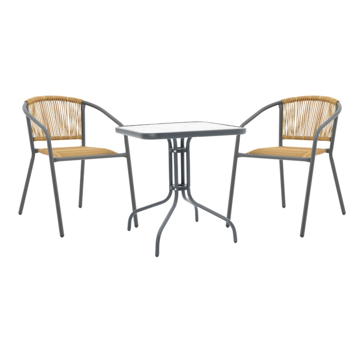 Τραπεζαρία Watson-Lindaria pakoworld 3τεμ μέταλλο ανθρακί-γυαλί και pe rattan σε φυσική απόχρωση 70x70x70εκ