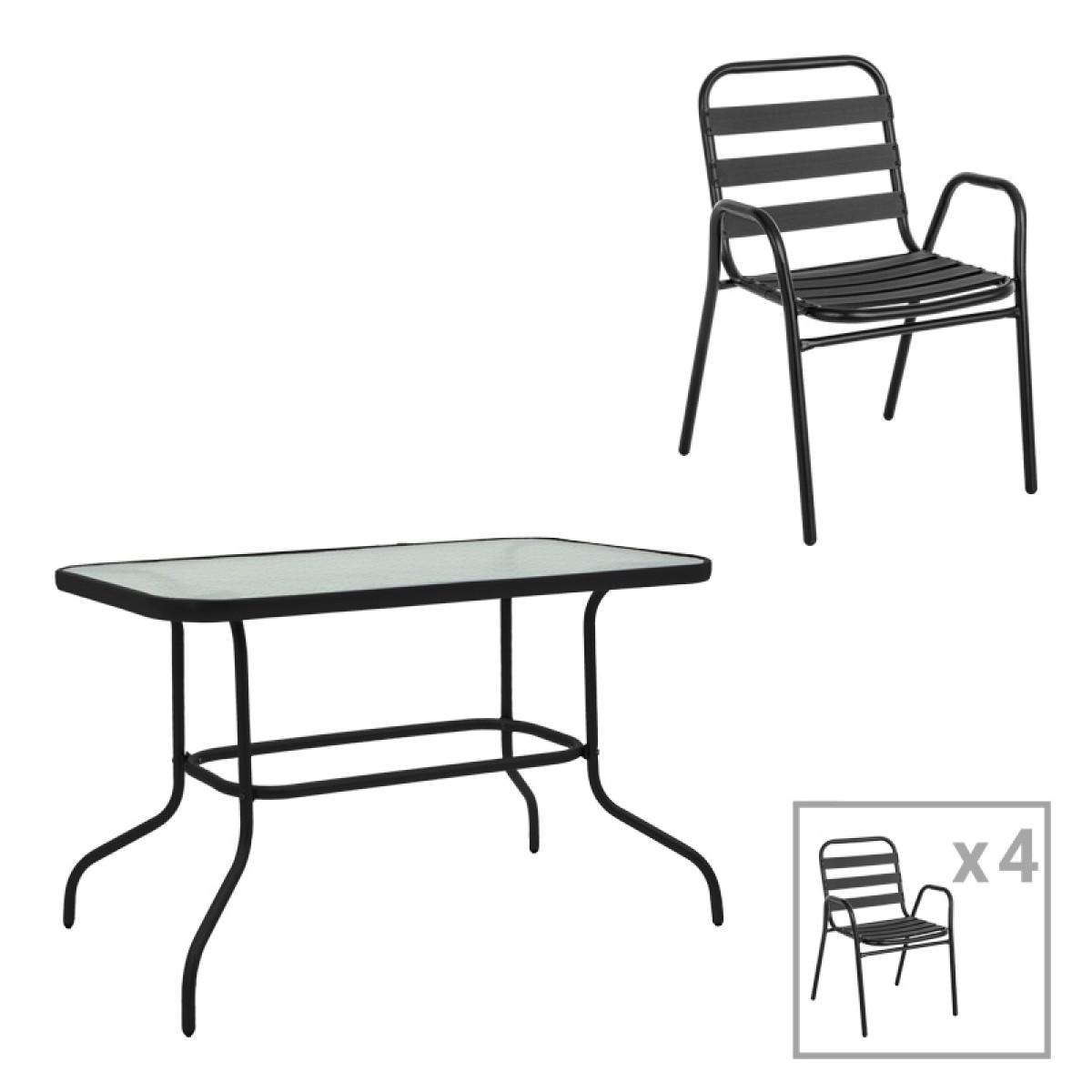 Τραπεζαρία Valor-Sussie pakoworld σετ 5τεμ μέταλλο μαύρο-γυαλί 110x60x70εκ