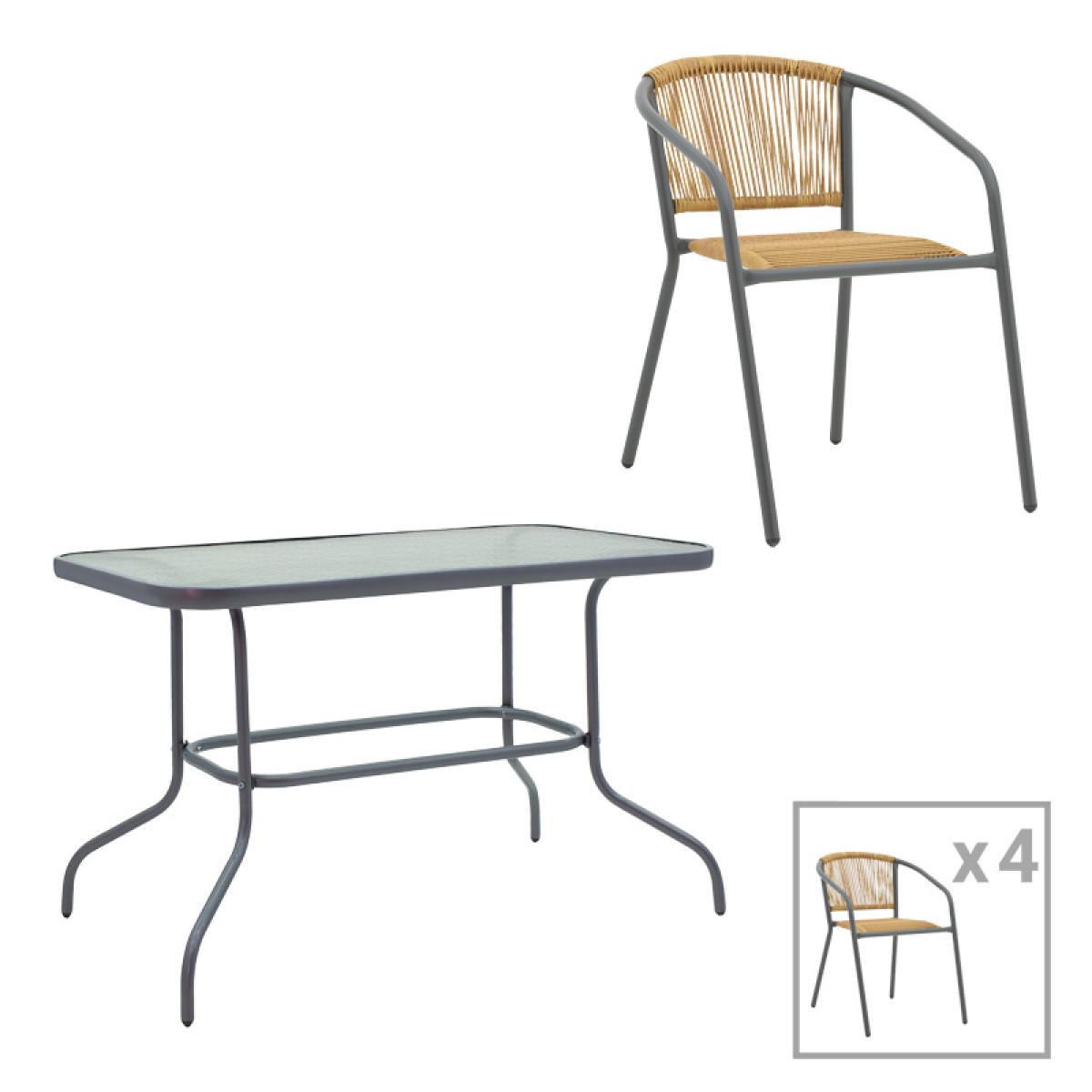 Τραπεζαρία Valor-Lindaria pakoworld σετ 5τεμ μέταλλο ανθρακί-γυαλί-pe rattan σε φυσική απόχρωση 110x60x70εκ
