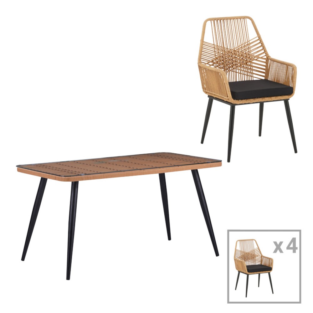 Τραπεζαρία Naoki-Tanish σετ 5 τεμ pakoworld γυάλινο- pe rattan σε φυσική απόχρωση με μαυρα πόδια 140x80x78εκ