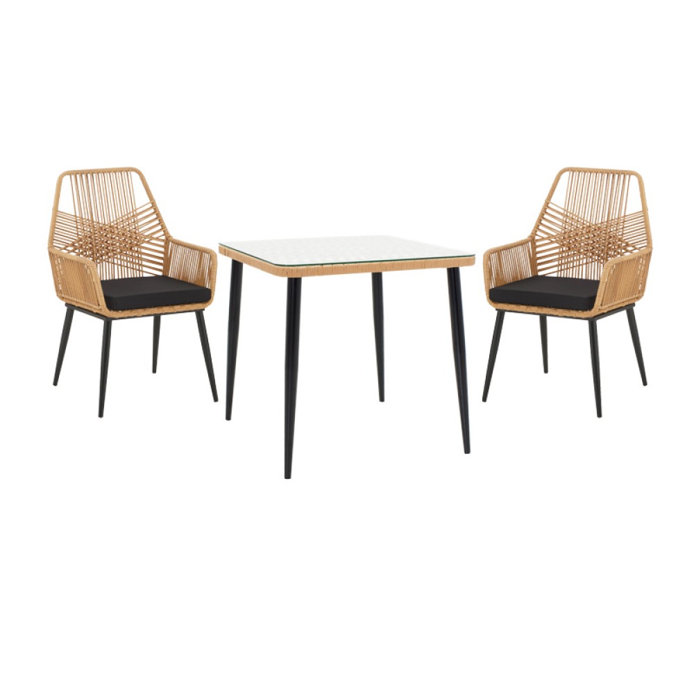 Τραπεζαρία Naoki-Tanish σετ 3 τεμ pakoworld μέταλλο μαύρο-pe φυσικό-γυαλί 80x80x78εκ