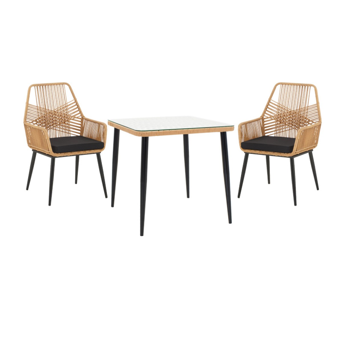 Τραπεζαρία Naoki-Tanish σετ 3 τεμ pakoworld μέταλλο μαύρο-pe φυσικό-γυαλί 80x80x78εκ