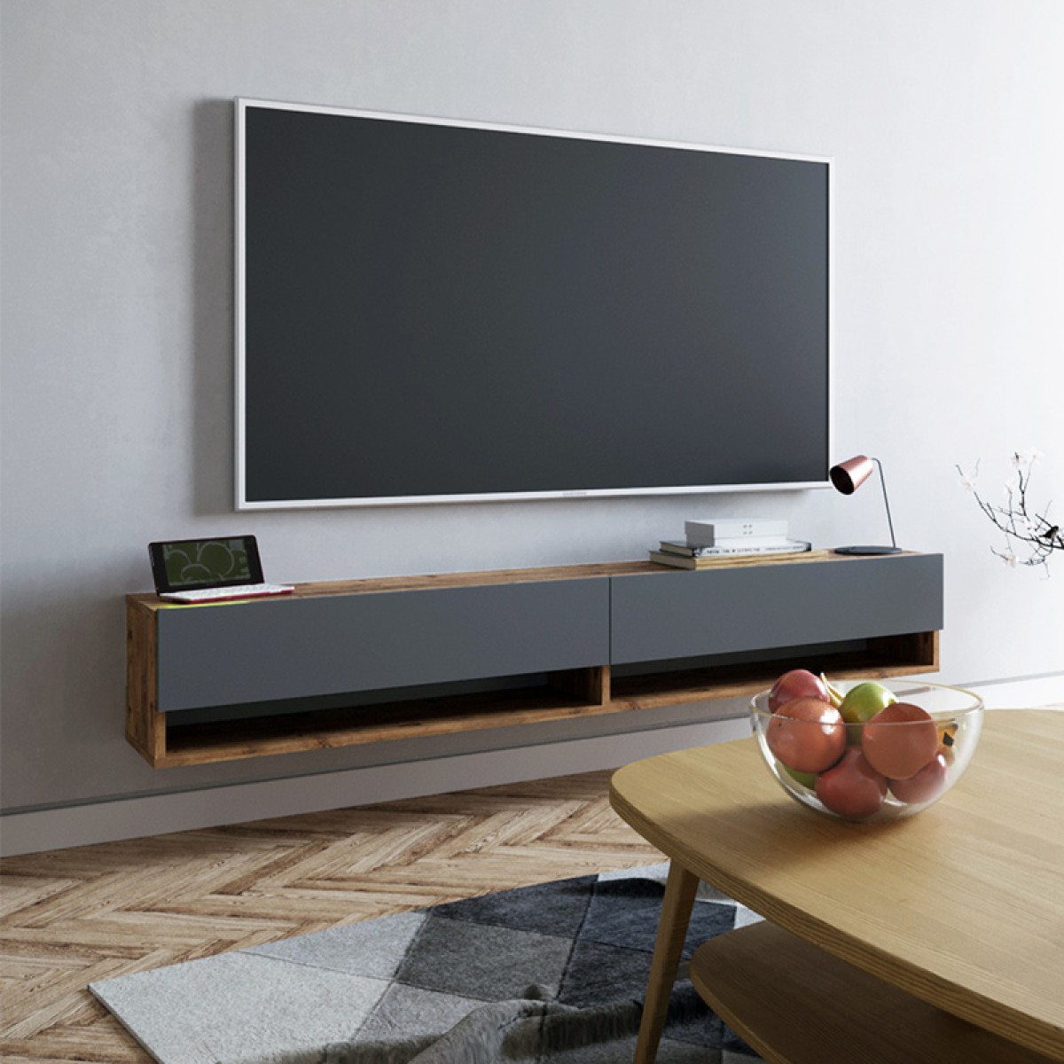 Έπιπλο τηλεόρασης επιτοίχιο Handra pakoworld ανθρακί-oak 180x31,5x29,5εκ Έπιπλο τηλεόρασης επιτοίχιο Handra pakoworld ανθρακί-oak 180x31,5x29,5εκ