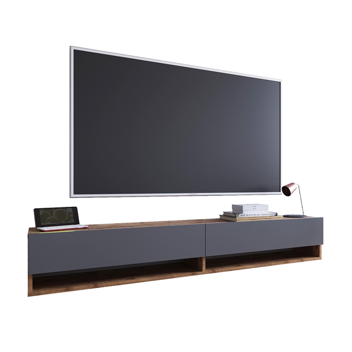 Έπιπλο τηλεόρασης επιτοίχιο Handra pakoworld ανθρακί-oak 180x31,5x29,5εκ Έπιπλο τηλεόρασης επιτοίχιο Handra pakoworld ανθρακί-oak 180x31,5x29,5εκ