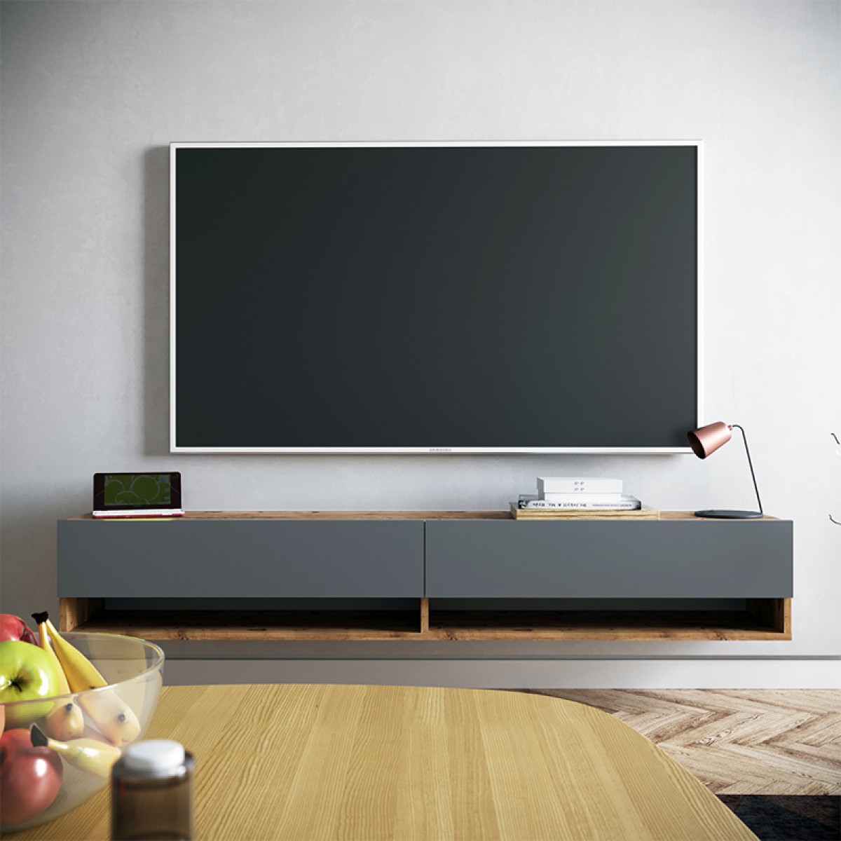 Έπιπλο τηλεόρασης επιτοίχιο Handra pakoworld ανθρακί-oak 180x31,5x29,5εκ Έπιπλο τηλεόρασης επιτοίχιο Handra pakoworld ανθρακί-oak 180x31,5x29,5εκ
