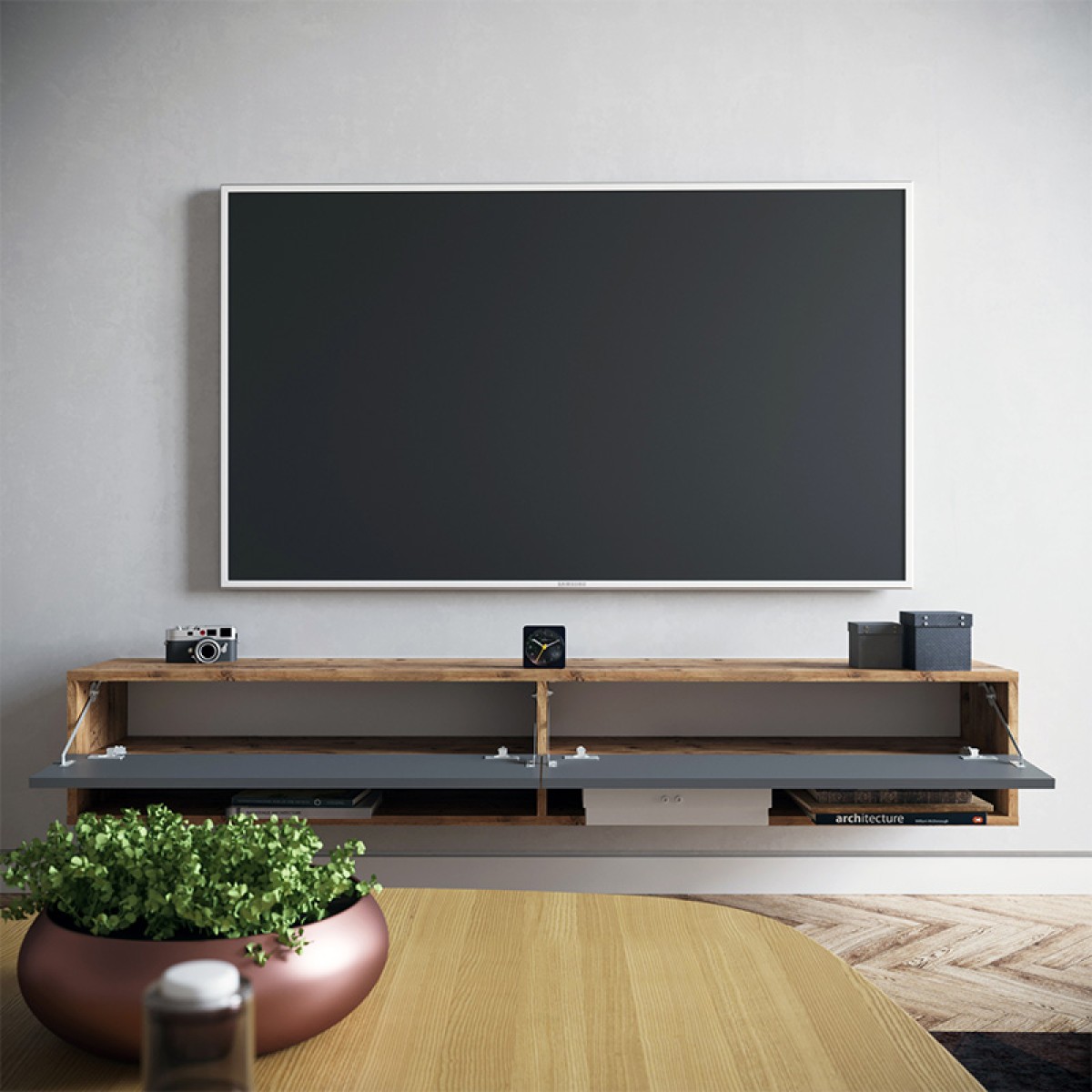 Έπιπλο τηλεόρασης επιτοίχιο Handra pakoworld ανθρακί-oak 180x31,5x29,5εκ Έπιπλο τηλεόρασης επιτοίχιο Handra pakoworld ανθρακί-oak 180x31,5x29,5εκ