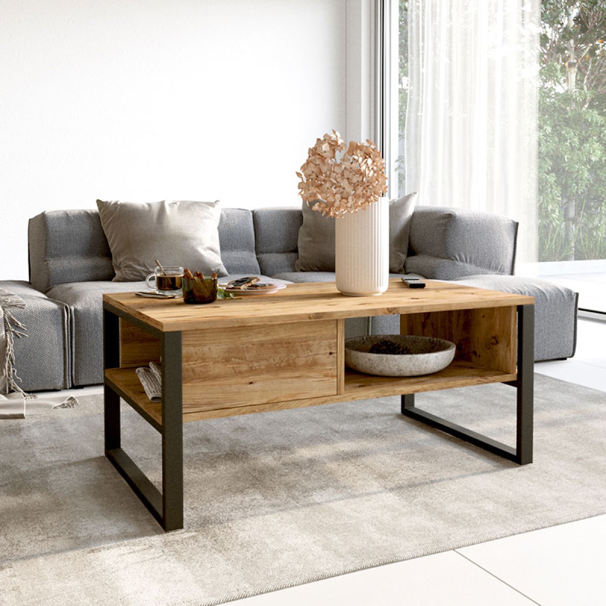 Τραπέζι σαλονιού Honora pakoworld oak-μαύρο 100x60x44,5εκ Τραπέζι σαλονιού Honora pakoworld oak-μαύρο 100x60x44,5εκ