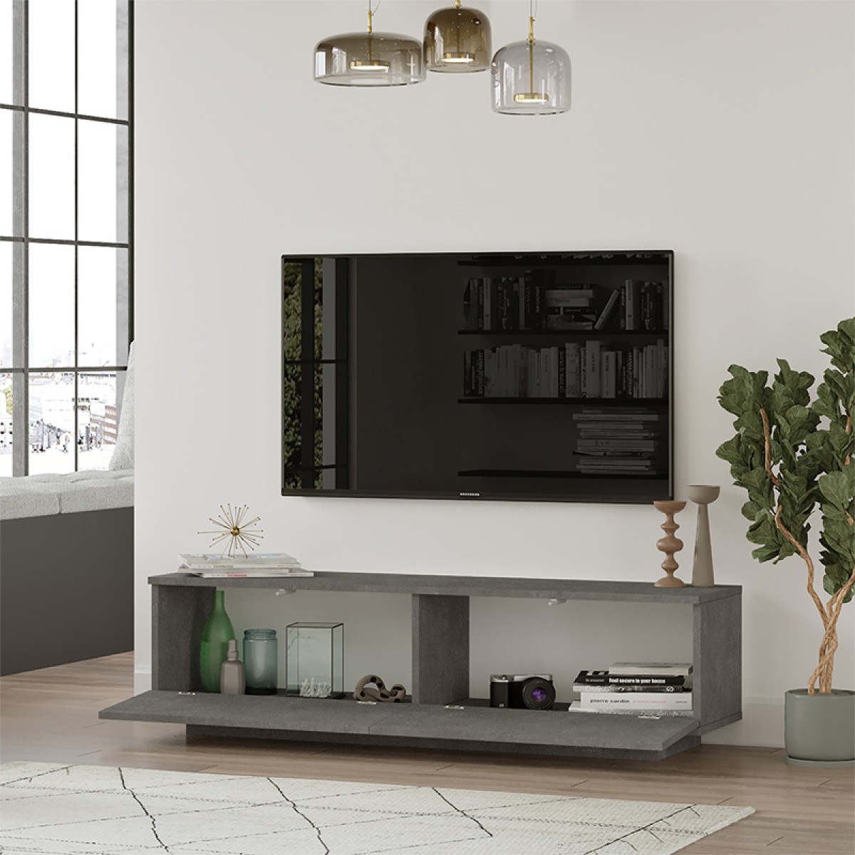 Έπιπλο τηλεόρασης Zoeva pakoworld γκρι cemento 140x35,5x38εκ Έπιπλο τηλεόρασης Zoeva pakoworld γκρι cemento 140x35,5x38εκ
