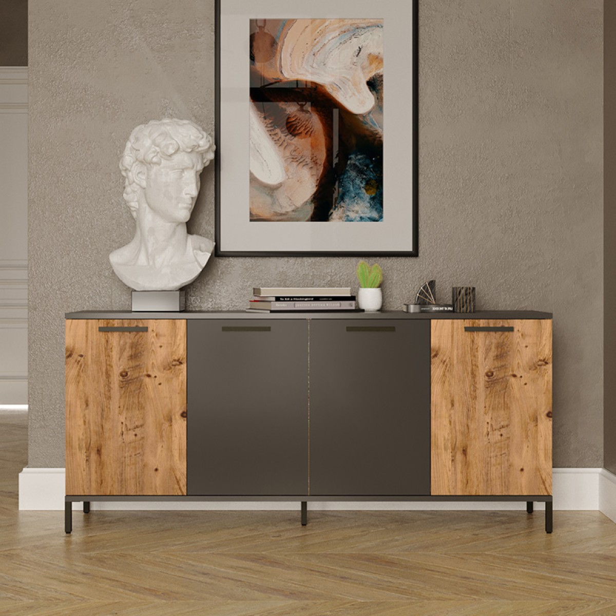 Μπουφές Kermit pakoworld ανθρακί-oak 160x40x72εκ Μπουφές Kermit pakoworld ανθρακί-oak 160x40x72εκ