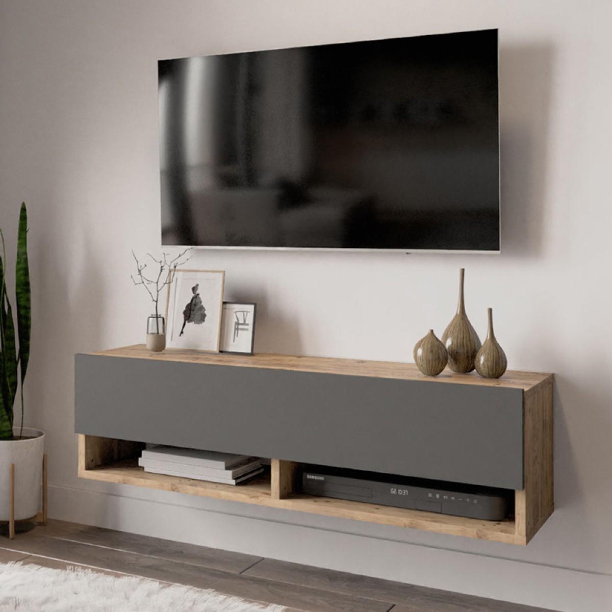 Έπιπλο τηλεόρασης επιτοίχιο Roscoe pakoworld ανθρακί-oak 100x31,5x29εκ Έπιπλο τηλεόρασης επιτοίχιο Roscoe pakoworld ανθρακί-oak 100x31,5x29εκ