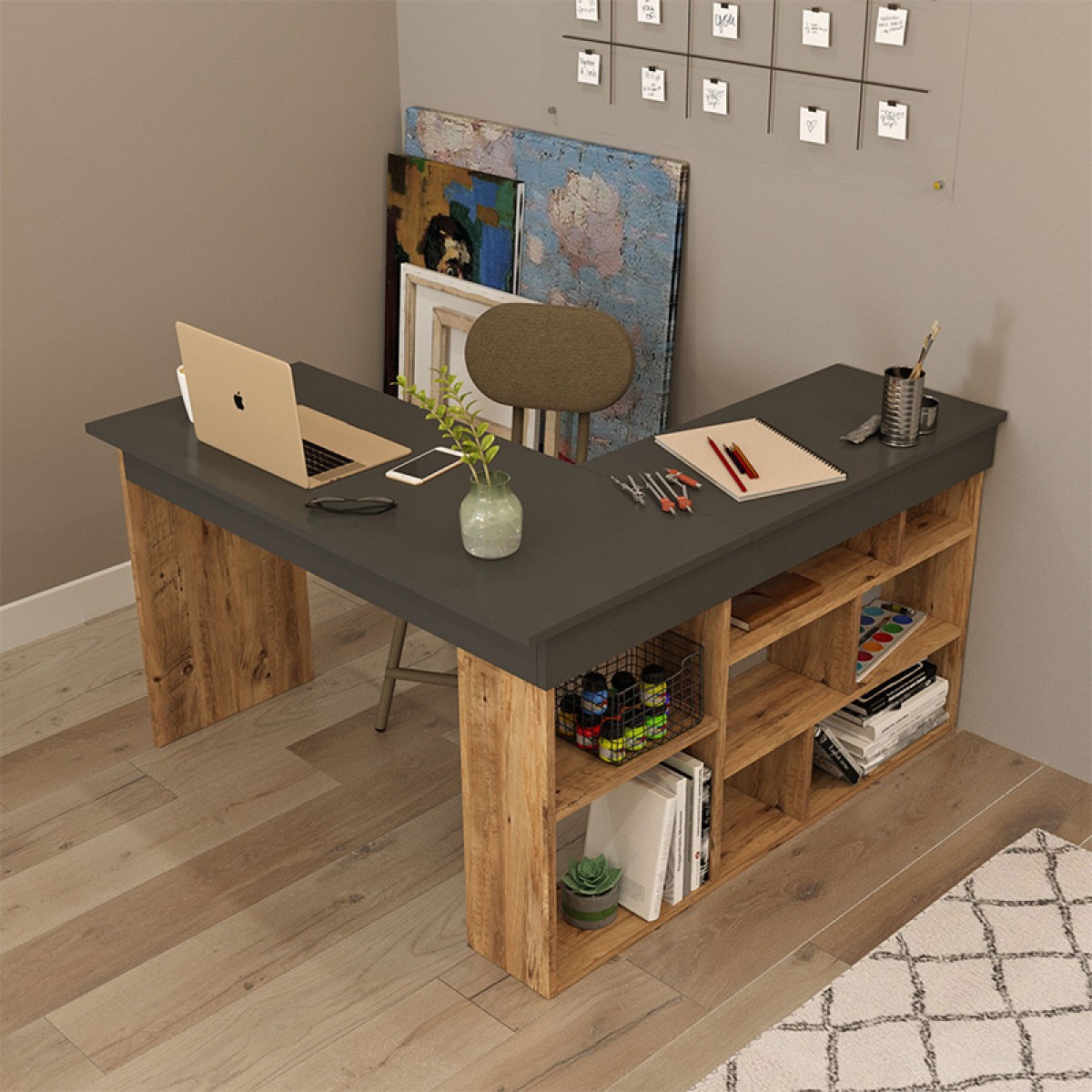 Γραφείο γωνιακό Rosaline pakoworld ανθρακί-oak 120x129x72εκ Γραφείο γωνιακό Rosaline pakoworld ανθρακί-oak 120x129x72εκ