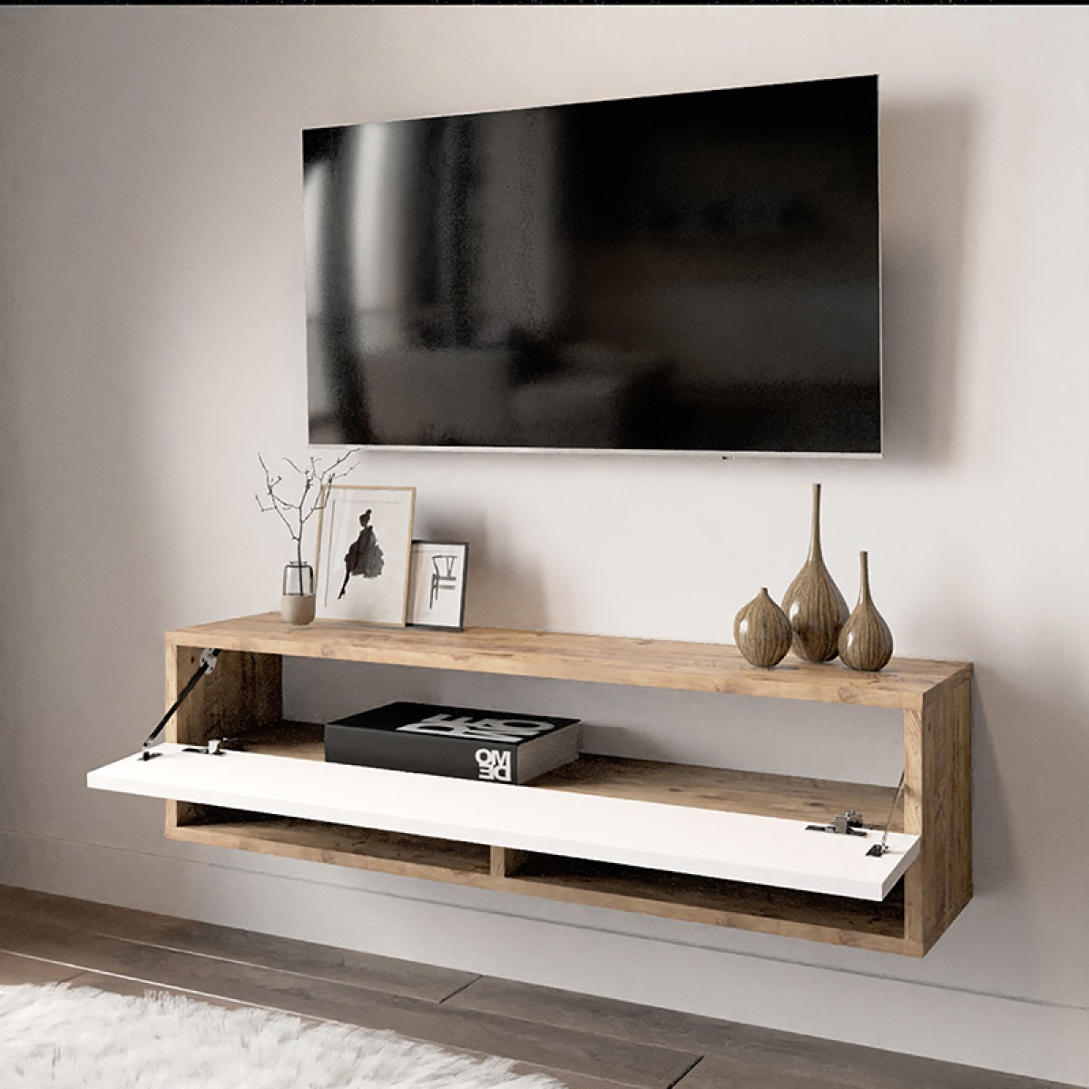 Έπιπλο τηλεόρασης επιτοίχιο Roscoe pakoworld λευκό-oak 100x31.5x29.5εκ Έπιπλο τηλεόρασης επιτοίχιο Roscoe pakoworld λευκό-oak 100x31.5x29.5εκ