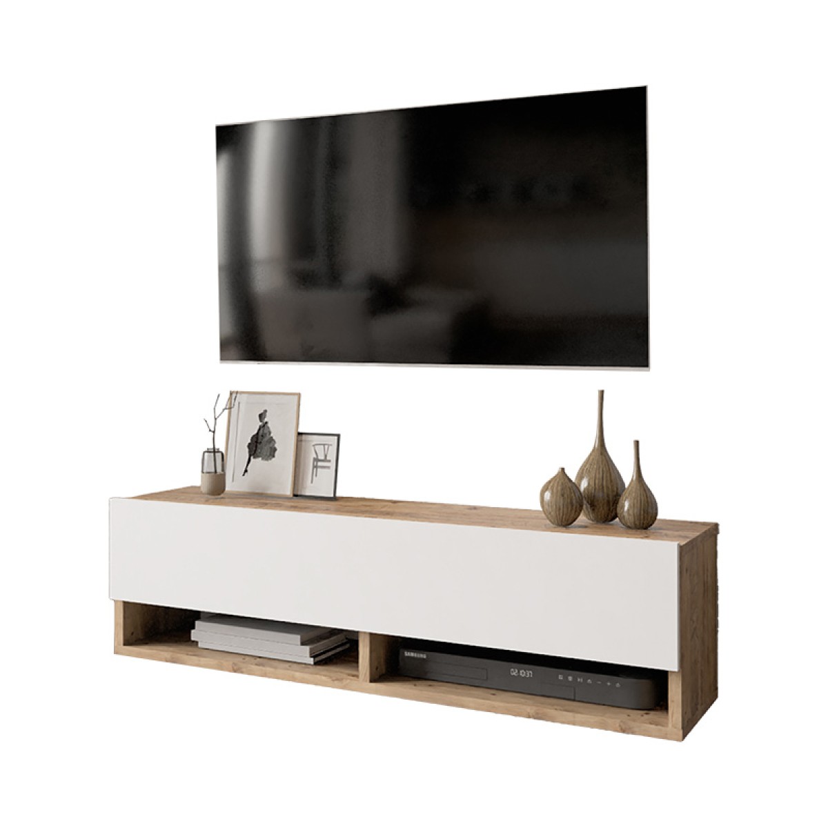 Έπιπλο τηλεόρασης επιτοίχιο Roscoe pakoworld λευκό-oak 100x31.5x29.5εκ Έπιπλο τηλεόρασης επιτοίχιο Roscoe pakoworld λευκό-oak 100x31.5x29.5εκ