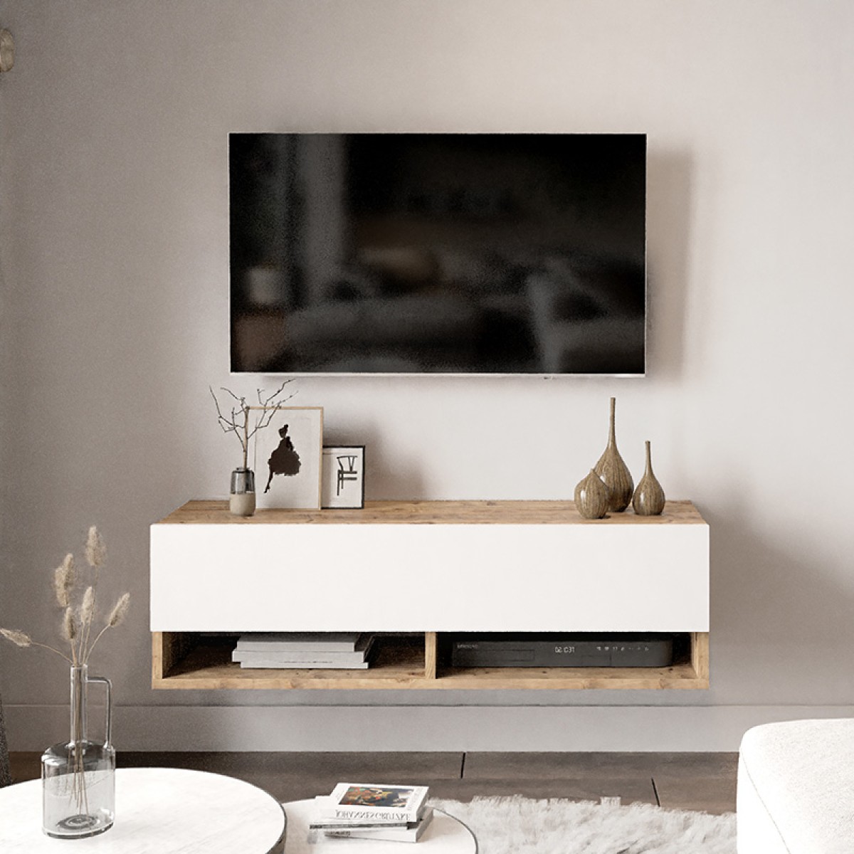 Έπιπλο τηλεόρασης επιτοίχιο Roscoe pakoworld λευκό-oak 100x31.5x29.5εκ Έπιπλο τηλεόρασης επιτοίχιο Roscoe pakoworld λευκό-oak 100x31.5x29.5εκ