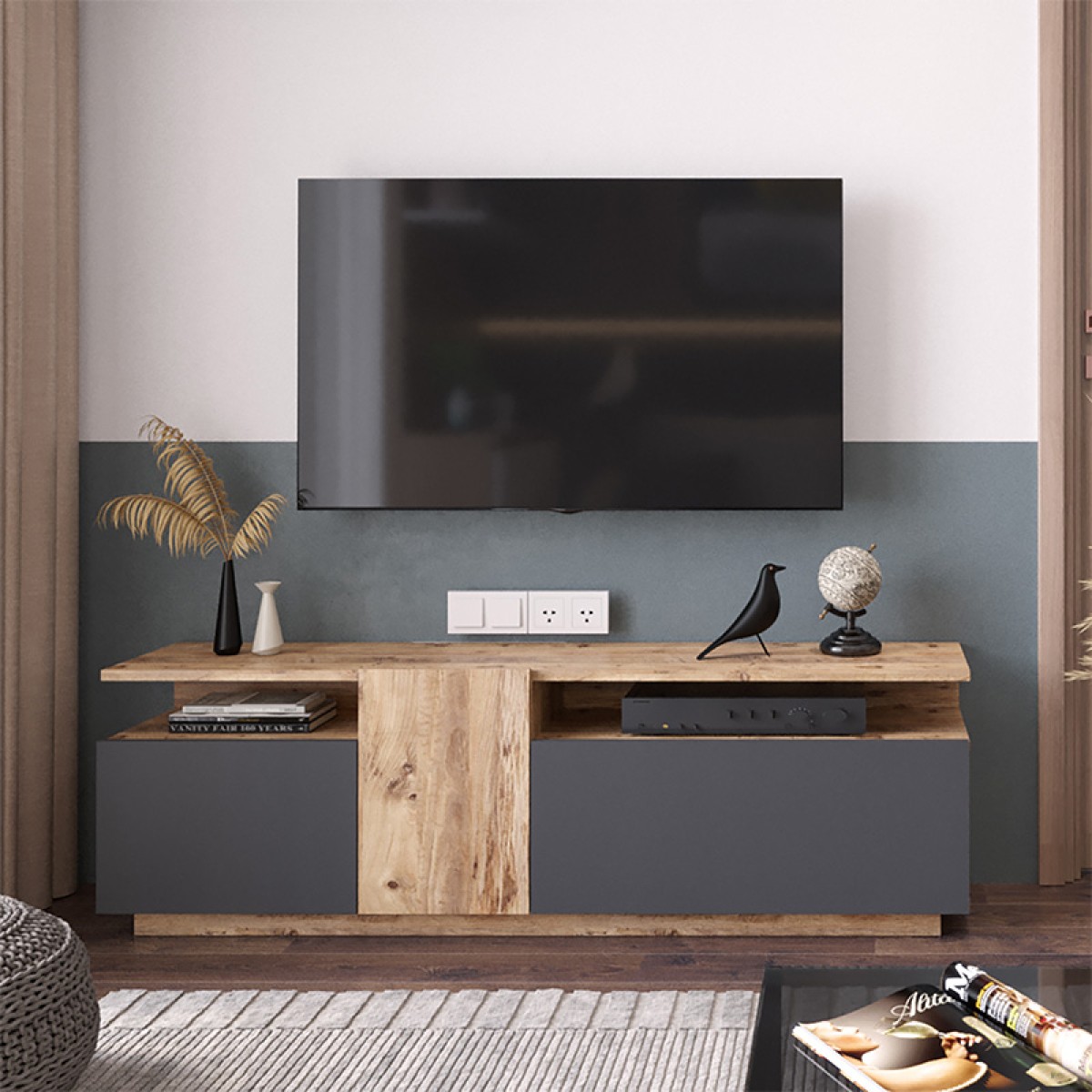 Έπιπλο τηλεόρασης Elana pakoworld sonoma-ανθρακί 150x29.5x46.3εκ Έπιπλο τηλεόρασης Elana pakoworld sonoma-ανθρακί 150x29.5x46.3εκ
