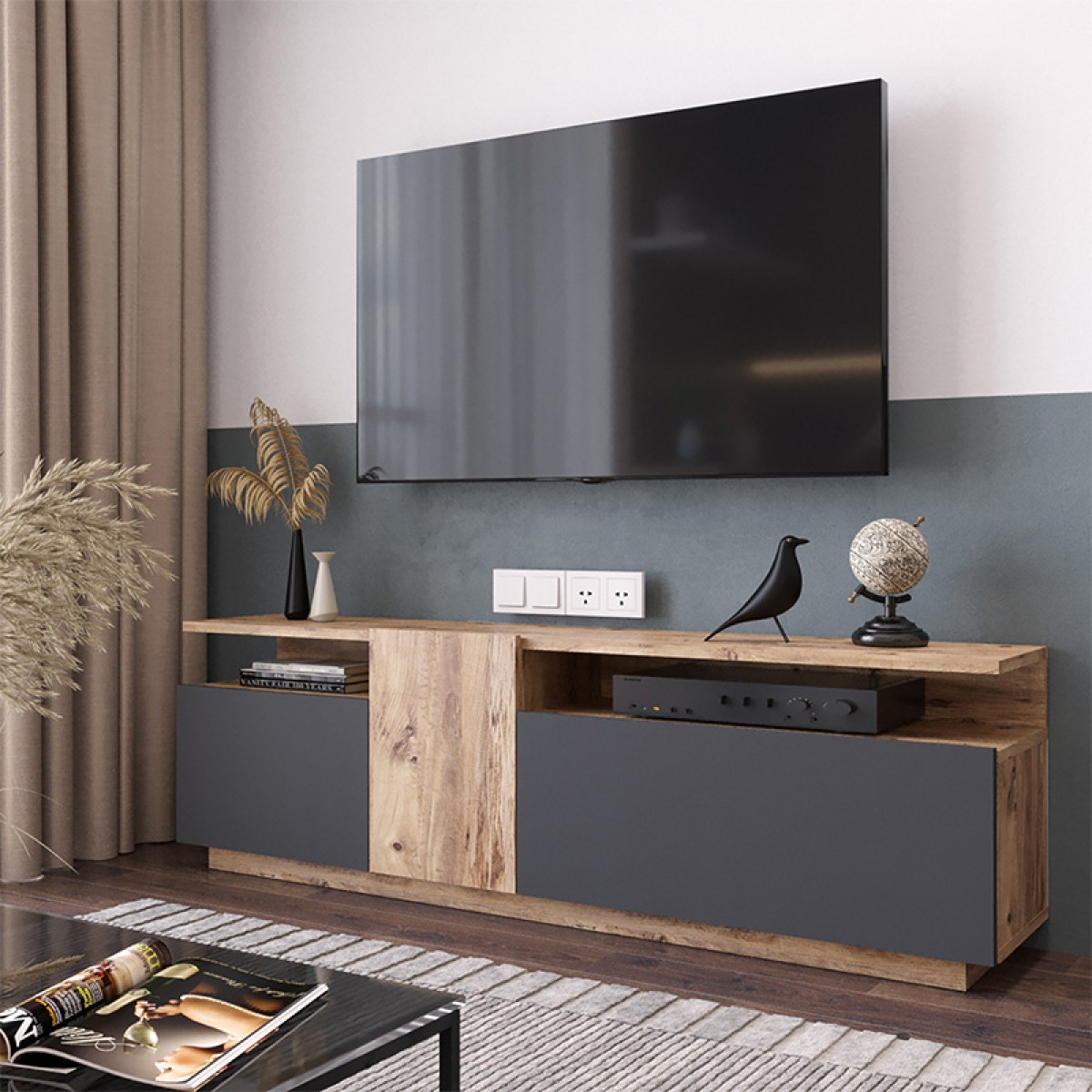 Έπιπλο τηλεόρασης Elana pakoworld sonoma-ανθρακί 150x29.5x46.3εκ Έπιπλο τηλεόρασης Elana pakoworld sonoma-ανθρακί 150x29.5x46.3εκ