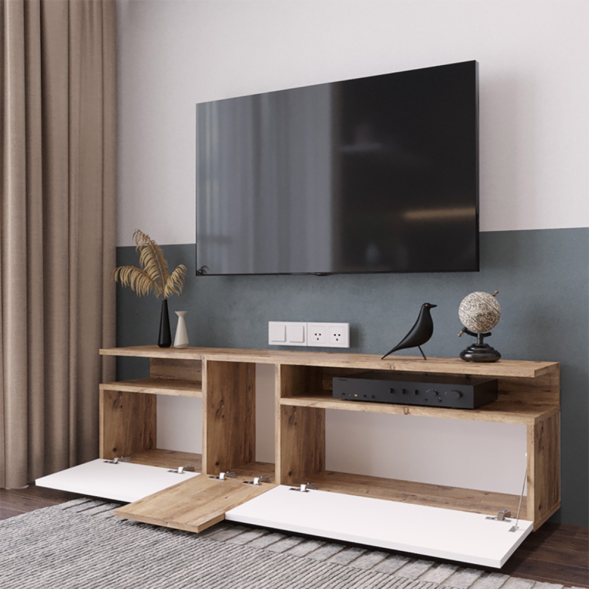 Έπιπλο τηλεόρασης Elana pakoworld sonoma-λευκό 150x29.5x46.3εκ Έπιπλο τηλεόρασης Elana pakoworld sonoma-λευκό 150x29.5x46.3εκ