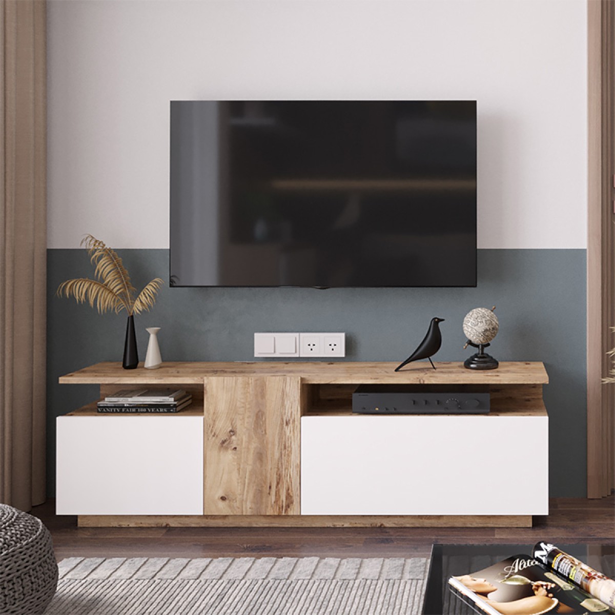 Έπιπλο τηλεόρασης Elana pakoworld sonoma-λευκό 150x29.5x46.3εκ Έπιπλο τηλεόρασης Elana pakoworld sonoma-λευκό 150x29.5x46.3εκ