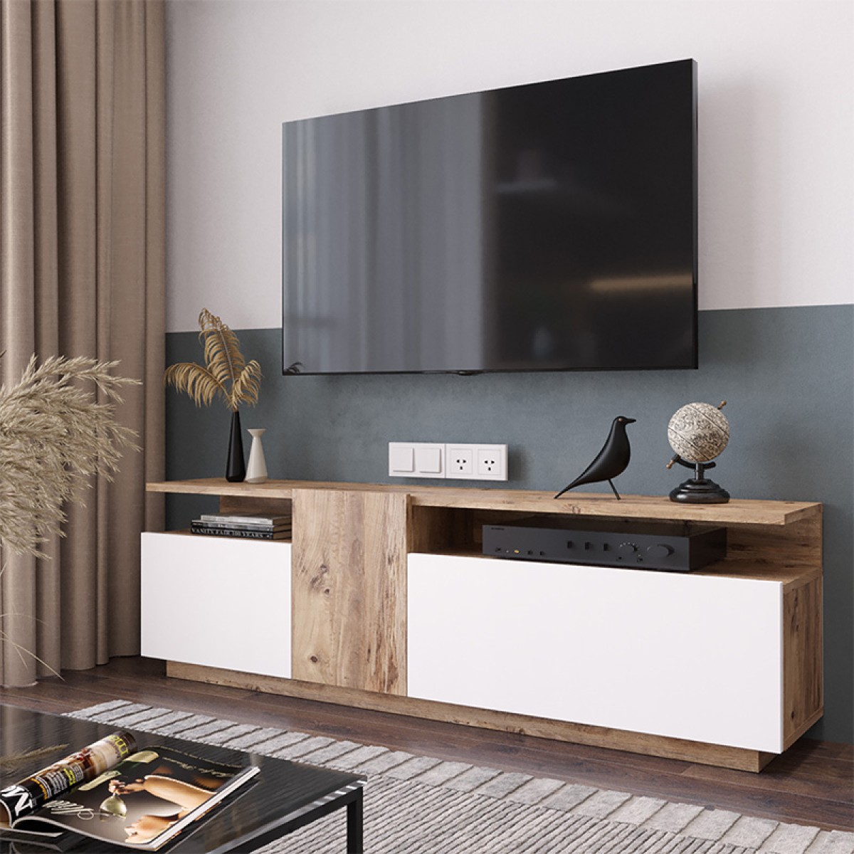 Έπιπλο τηλεόρασης Elana pakoworld sonoma-λευκό 150x29.5x46.3εκ Έπιπλο τηλεόρασης Elana pakoworld sonoma-λευκό 150x29.5x46.3εκ