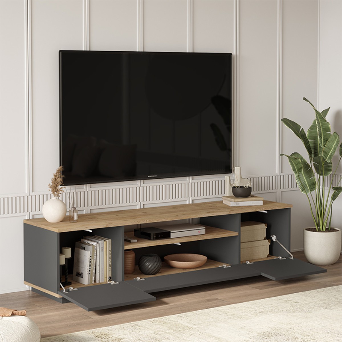 Έπιπλο τηλεόρασης Soren pakoworld sonoma-ανθρακί 180x.44.5x44.6εκ Έπιπλο τηλεόρασης Soren pakoworld sonoma-ανθρακί 180x.44.5x44.6εκ