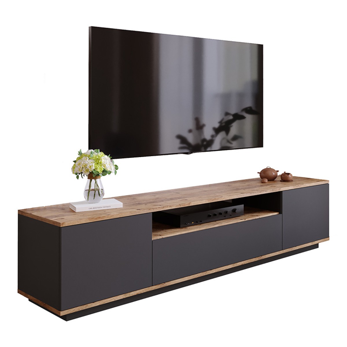 Έπιπλο τηλεόρασης Soren pakoworld sonoma-ανθρακί 180x.44.5x44.6εκ Έπιπλο τηλεόρασης Soren pakoworld sonoma-ανθρακί 180x.44.5x44.6εκ