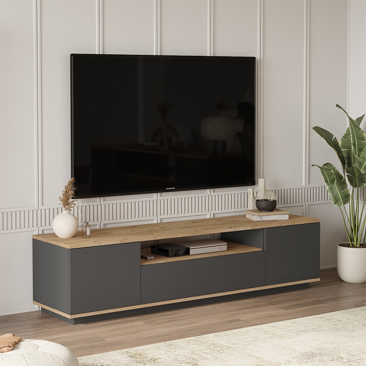 Έπιπλο τηλεόρασης Soren pakoworld sonoma-ανθρακί 180x.44.5x44.6εκ Έπιπλο τηλεόρασης Soren pakoworld sonoma-ανθρακί 180x.44.5x44.6εκ