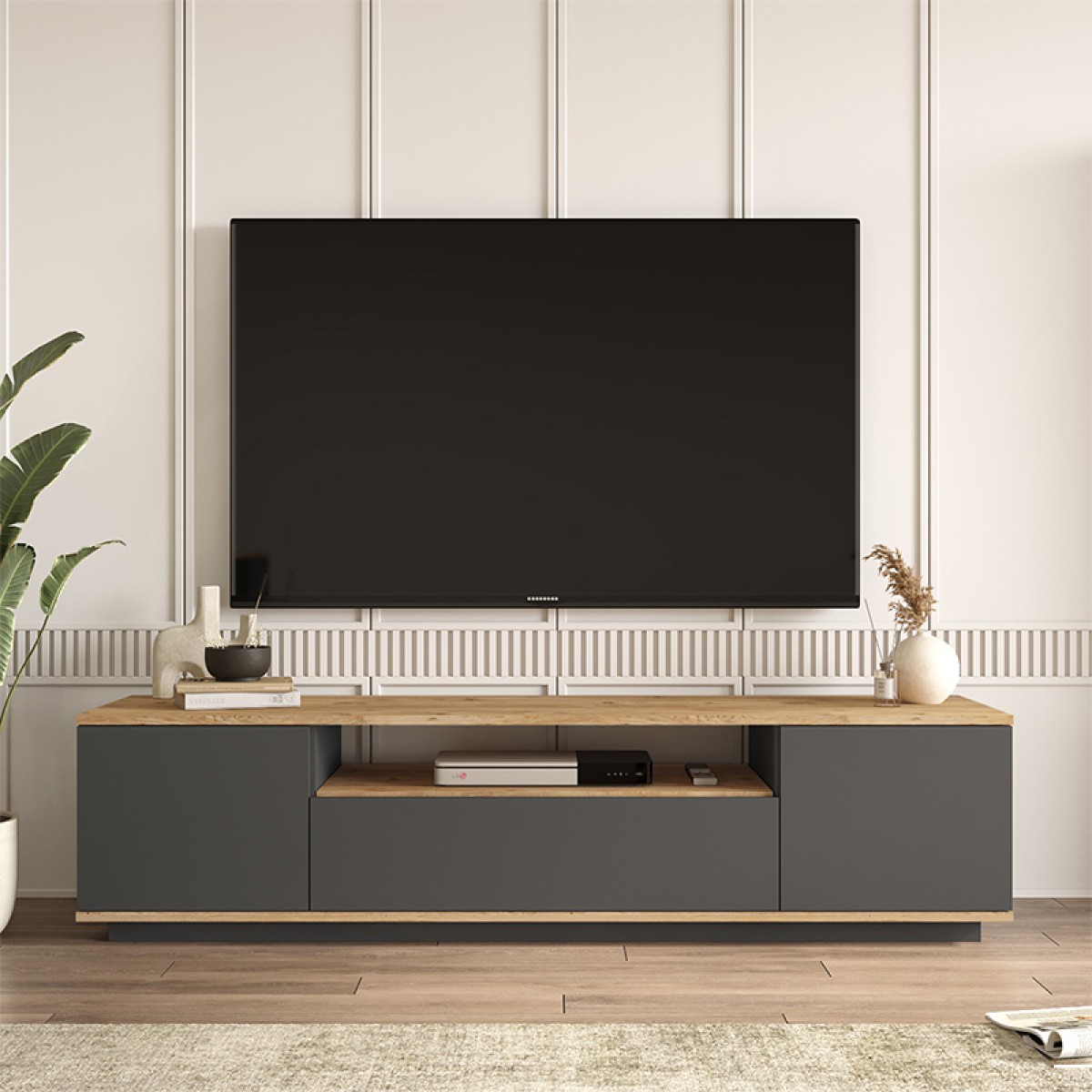 Έπιπλο τηλεόρασης Soren pakoworld sonoma-ανθρακί 180x.44.5x44.6εκ Έπιπλο τηλεόρασης Soren pakoworld sonoma-ανθρακί 180x.44.5x44.6εκ