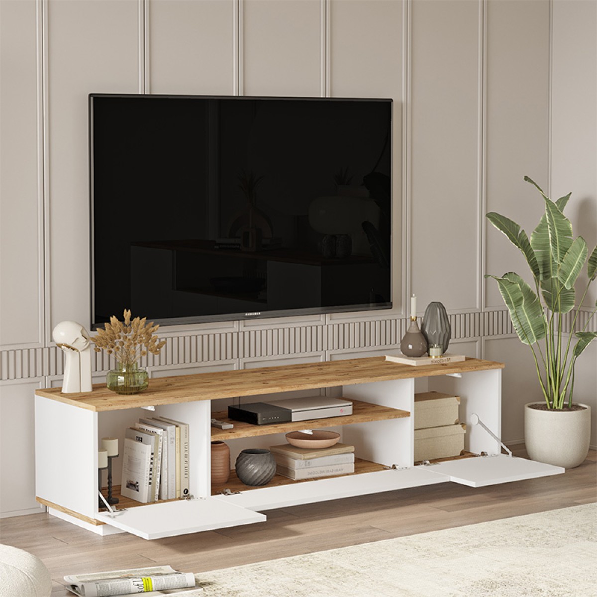 Έπιπλο τηλεόρασης Soren pakoworld sonoma-λευκό 180x.44.5x44.6εκ Έπιπλο τηλεόρασης Soren pakoworld sonoma-λευκό 180x.44.5x44.6εκ